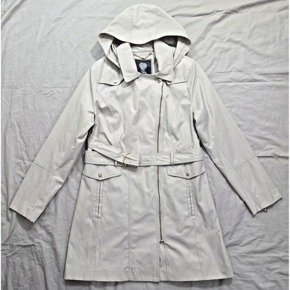 Vince Camuto Womens Beige Coat Gold Hardware Belted Asymmetrical Zip Hooded Sz L